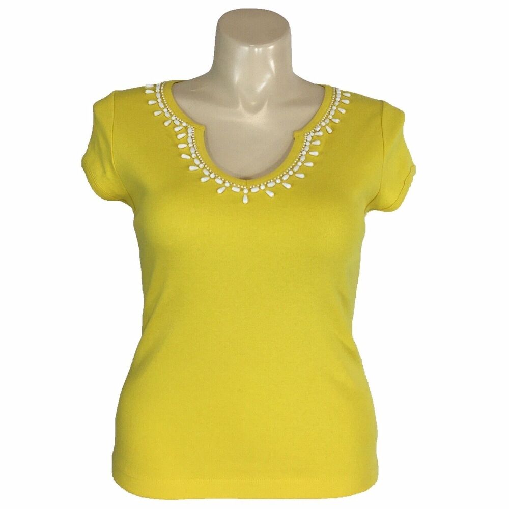 Talbots Top LARGE P Bright Yellow White Bead Tear Drop Keyhole Cap Sl Tee Shirt